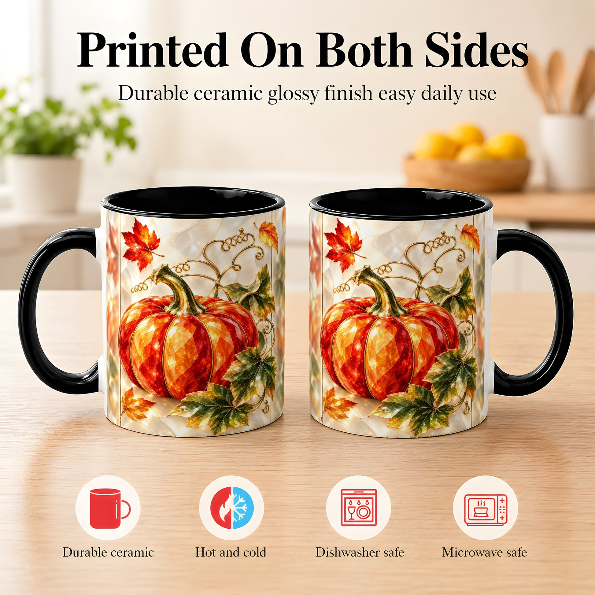 #pl[11oz|Black] Stained Glass Pumpkin Coffee Mug, Autumn Harvest Mug, Ceramic Cup
