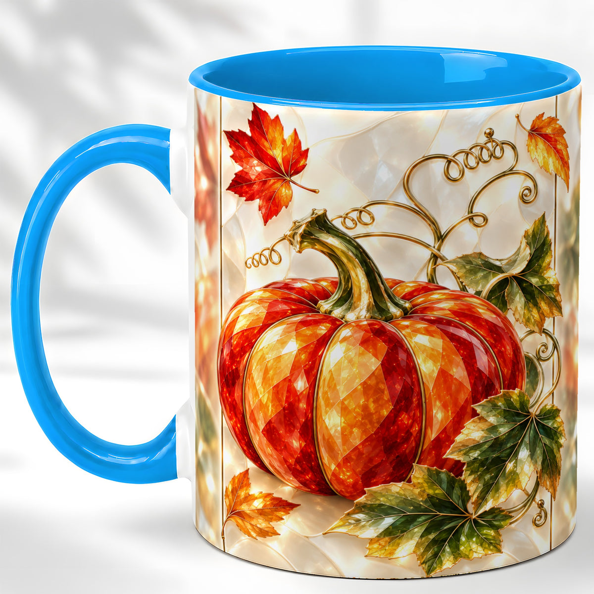 #pl[11oz|Blue] Stained Glass Pumpkin Coffee Mug, Autumn Harvest Mug, Ceramic Cup
