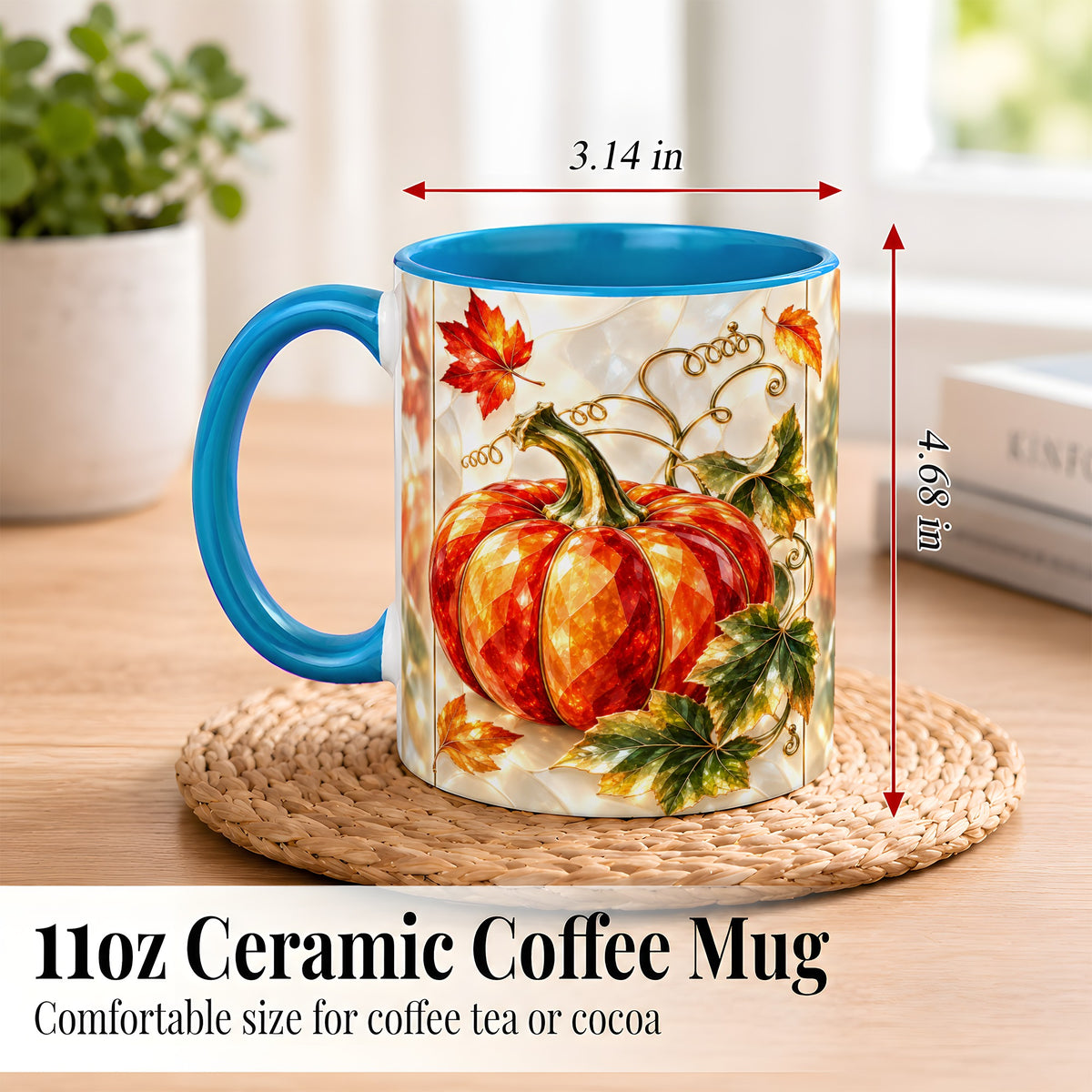 #pl[11oz|Blue] Stained Glass Pumpkin Coffee Mug, Autumn Harvest Mug, Ceramic Cup