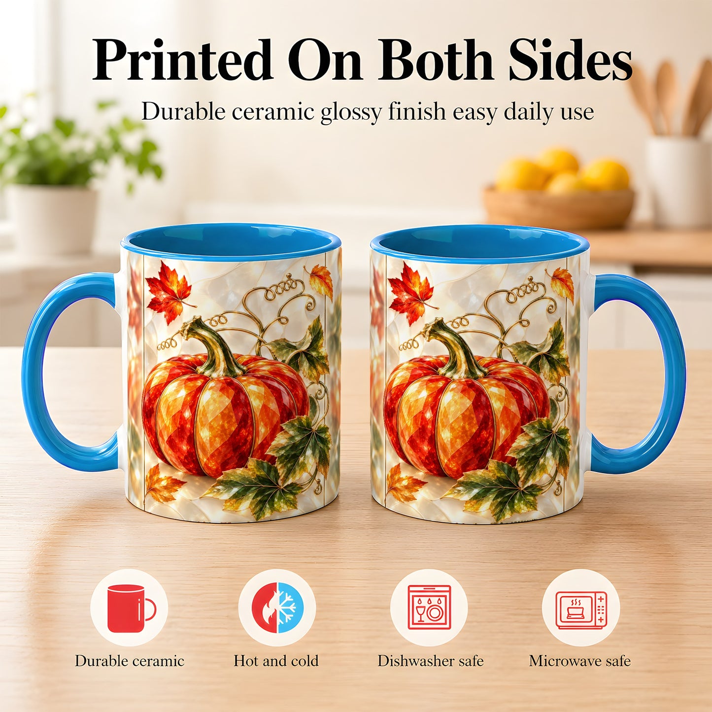 #pl[11oz|Blue] Stained Glass Pumpkin Coffee Mug, Autumn Harvest Mug, Ceramic Cup