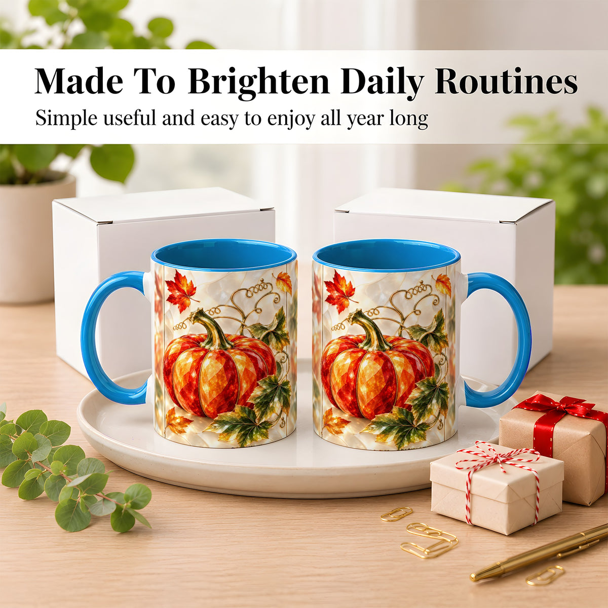 #pl[11oz|Blue] Stained Glass Pumpkin Coffee Mug, Autumn Harvest Mug, Ceramic Cup