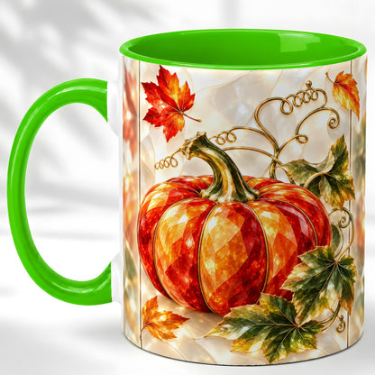 #pl[11oz|Green] Stained Glass Pumpkin Coffee Mug, Autumn Harvest Mug, Ceramic Cup