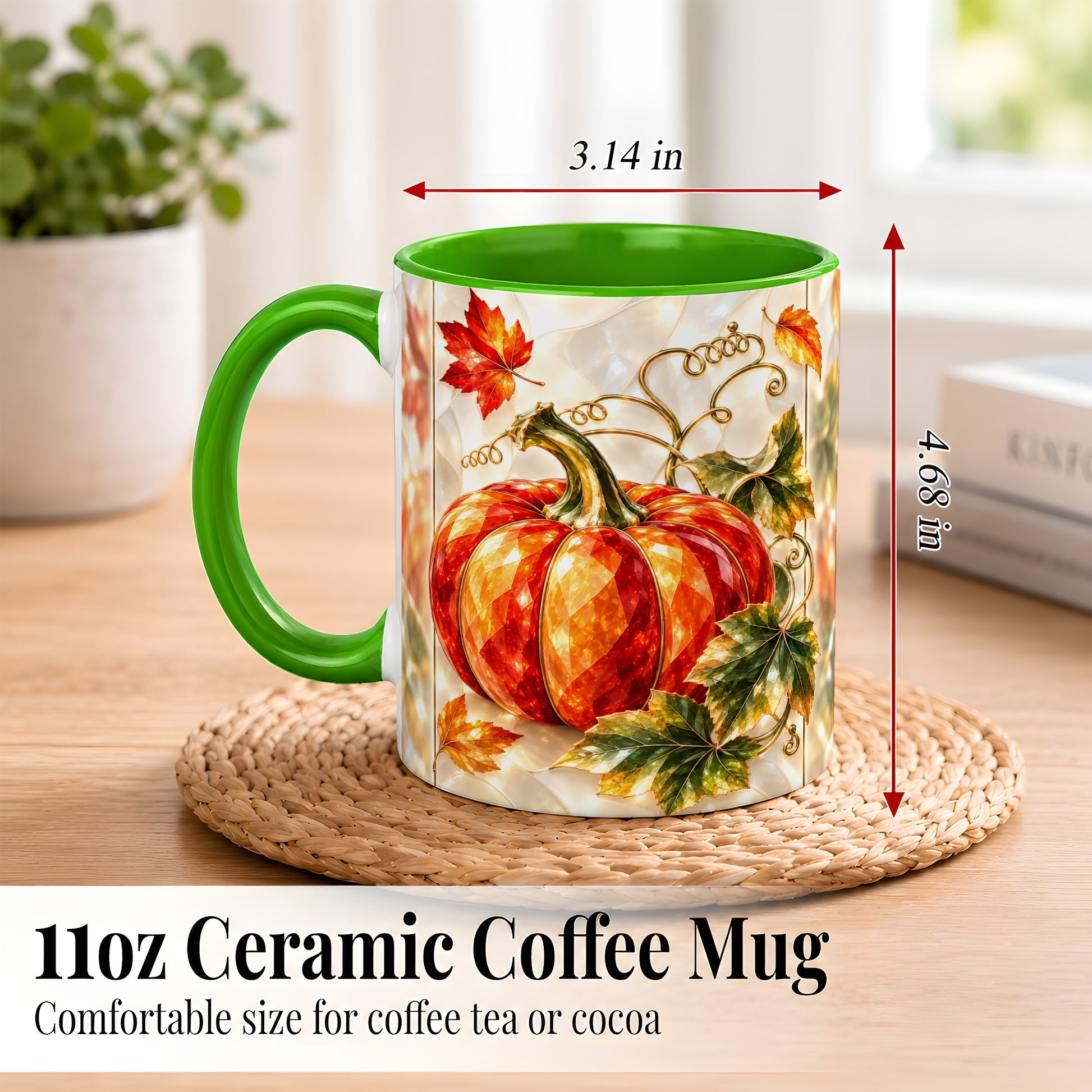 #pl[11oz|Green] Stained Glass Pumpkin Coffee Mug, Autumn Harvest Mug, Ceramic Cup
