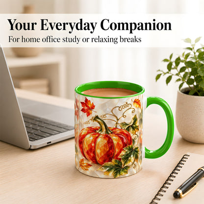 #pl[11oz|Green] Stained Glass Pumpkin Coffee Mug, Autumn Harvest Mug, Ceramic Cup