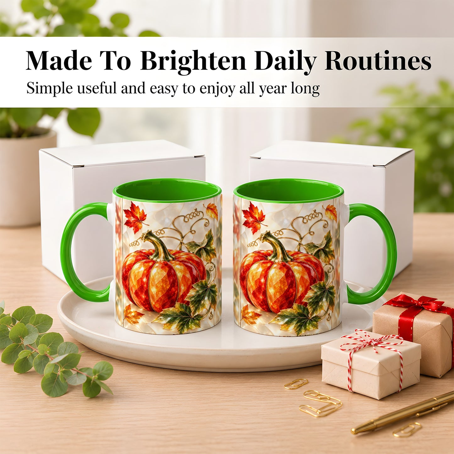 #pl[11oz|Green] Stained Glass Pumpkin Coffee Mug, Autumn Harvest Mug, Ceramic Cup