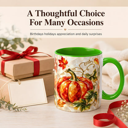 #pl[11oz|Green] Stained Glass Pumpkin Coffee Mug, Autumn Harvest Mug, Ceramic Cup