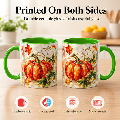 #pl[11oz|Green] Stained Glass Pumpkin Coffee Mug, Autumn Harvest Mug, Ceramic Cup