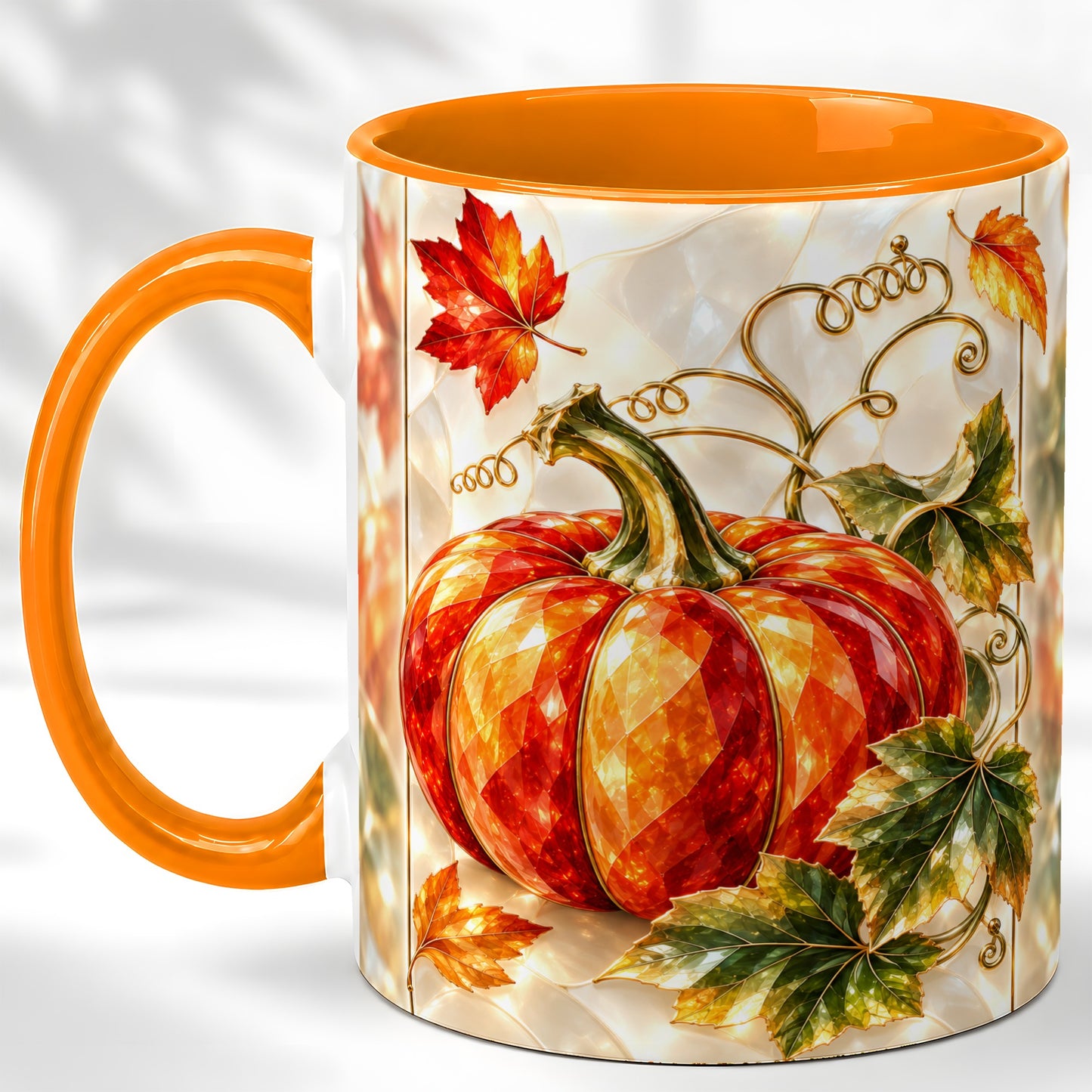 #pl[11oz|Orange] Stained Glass Pumpkin Coffee Mug, Autumn Harvest Mug, Ceramic Cup