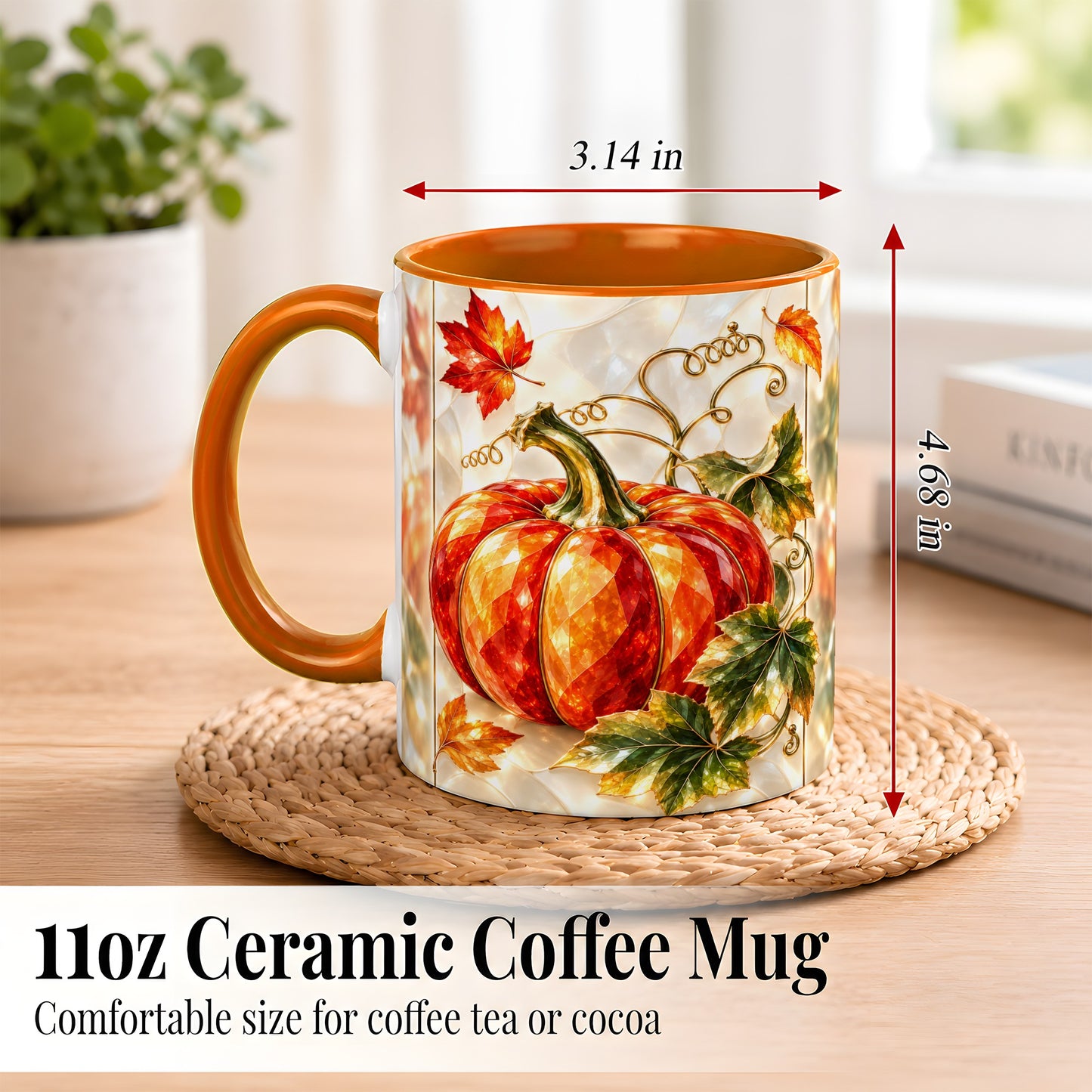 #pl[11oz|Orange] Stained Glass Pumpkin Coffee Mug, Autumn Harvest Mug, Ceramic Cup