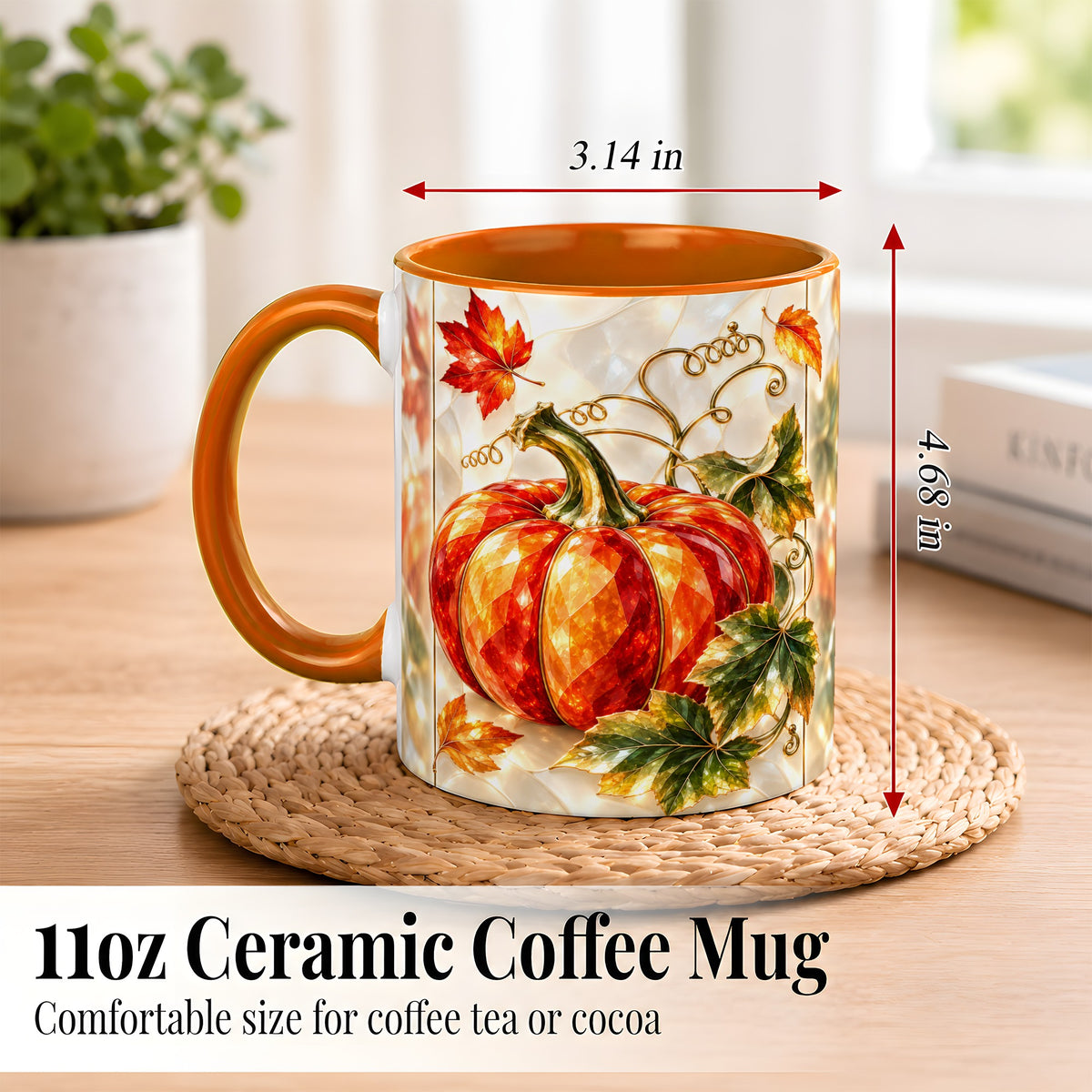 #pl[11oz|Orange] Stained Glass Pumpkin Coffee Mug, Autumn Harvest Mug, Ceramic Cup