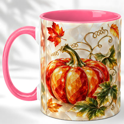 #pl[11oz|Pink] Stained Glass Pumpkin Coffee Mug, Autumn Harvest Mug, Ceramic Cup