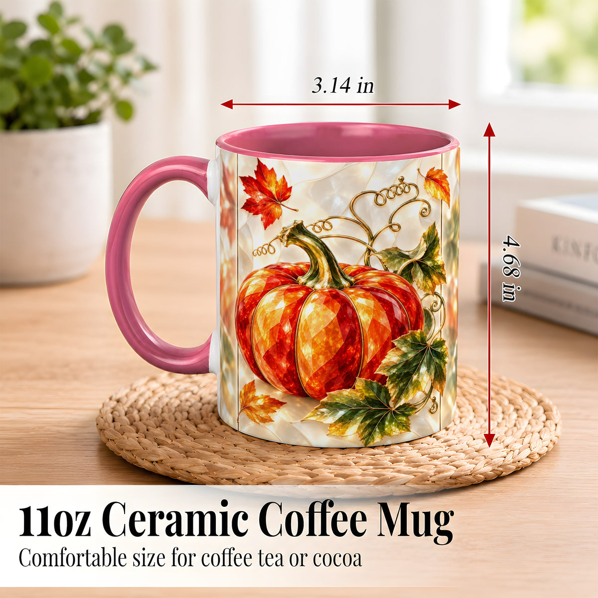 #pl[11oz|Pink] Stained Glass Pumpkin Coffee Mug, Autumn Harvest Mug, Ceramic Cup