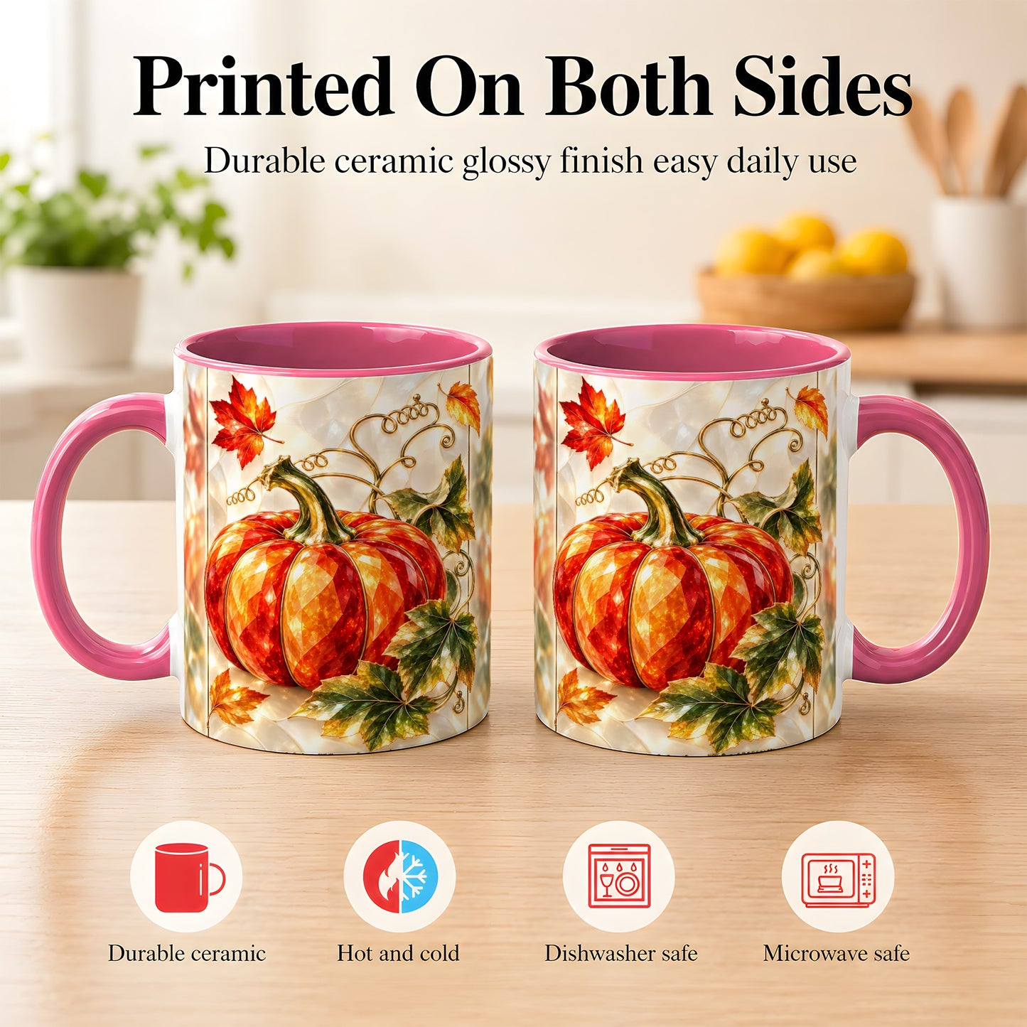 #pl[11oz|Pink] Stained Glass Pumpkin Coffee Mug, Autumn Harvest Mug, Ceramic Cup