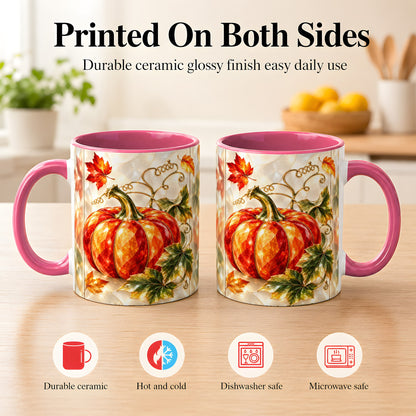 #pl[11oz|Pink] Stained Glass Pumpkin Coffee Mug, Autumn Harvest Mug, Ceramic Cup
