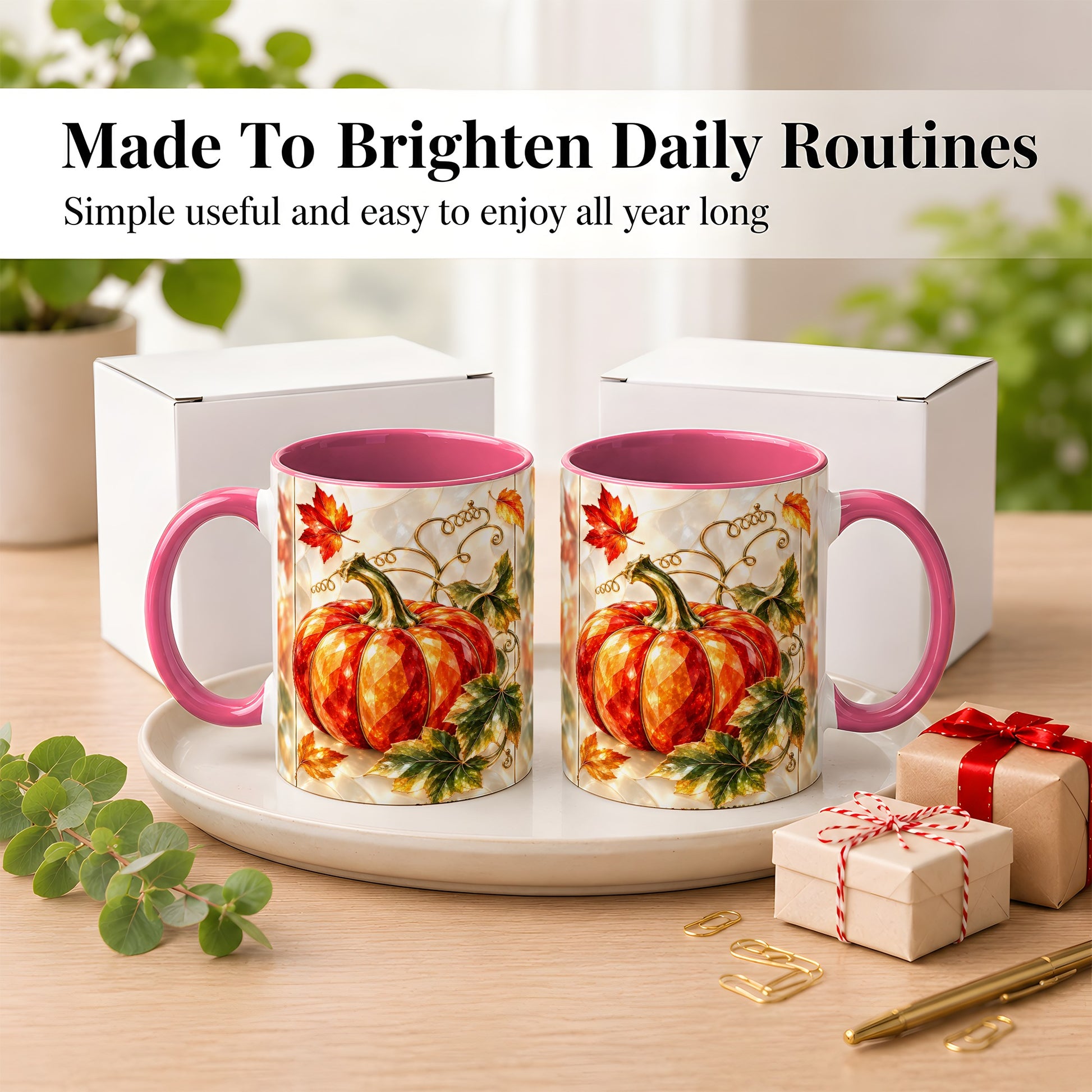 #pl[11oz|Pink] Stained Glass Pumpkin Coffee Mug, Autumn Harvest Mug, Ceramic Cup