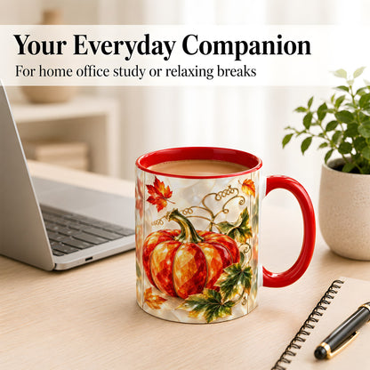 #pl[11oz|Red] Stained Glass Pumpkin Coffee Mug, Autumn Harvest Mug, Ceramic Cup