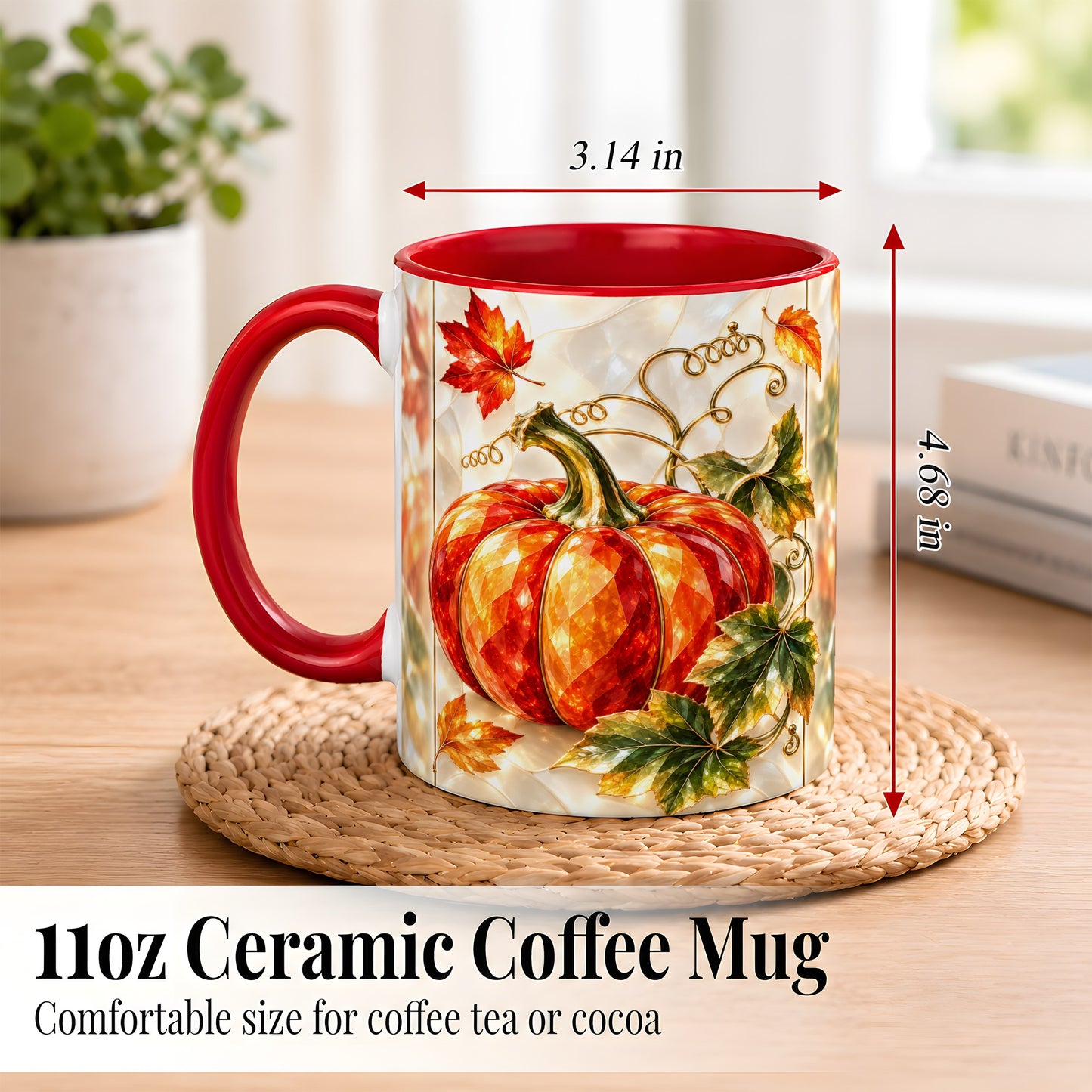 #pl[11oz|Red] Stained Glass Pumpkin Coffee Mug, Autumn Harvest Mug, Ceramic Cup