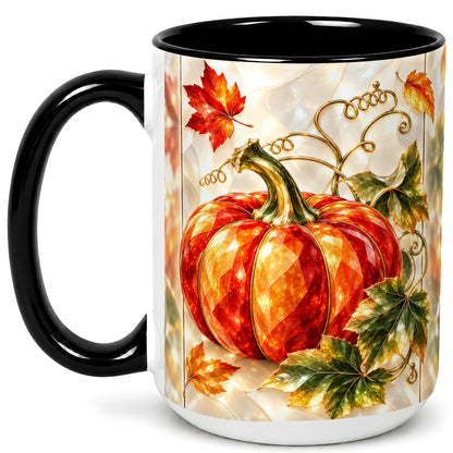 #pl[15oz|Black] Stained Glass Pumpkin Coffee Mug, Autumn Harvest Mug, Ceramic Cup