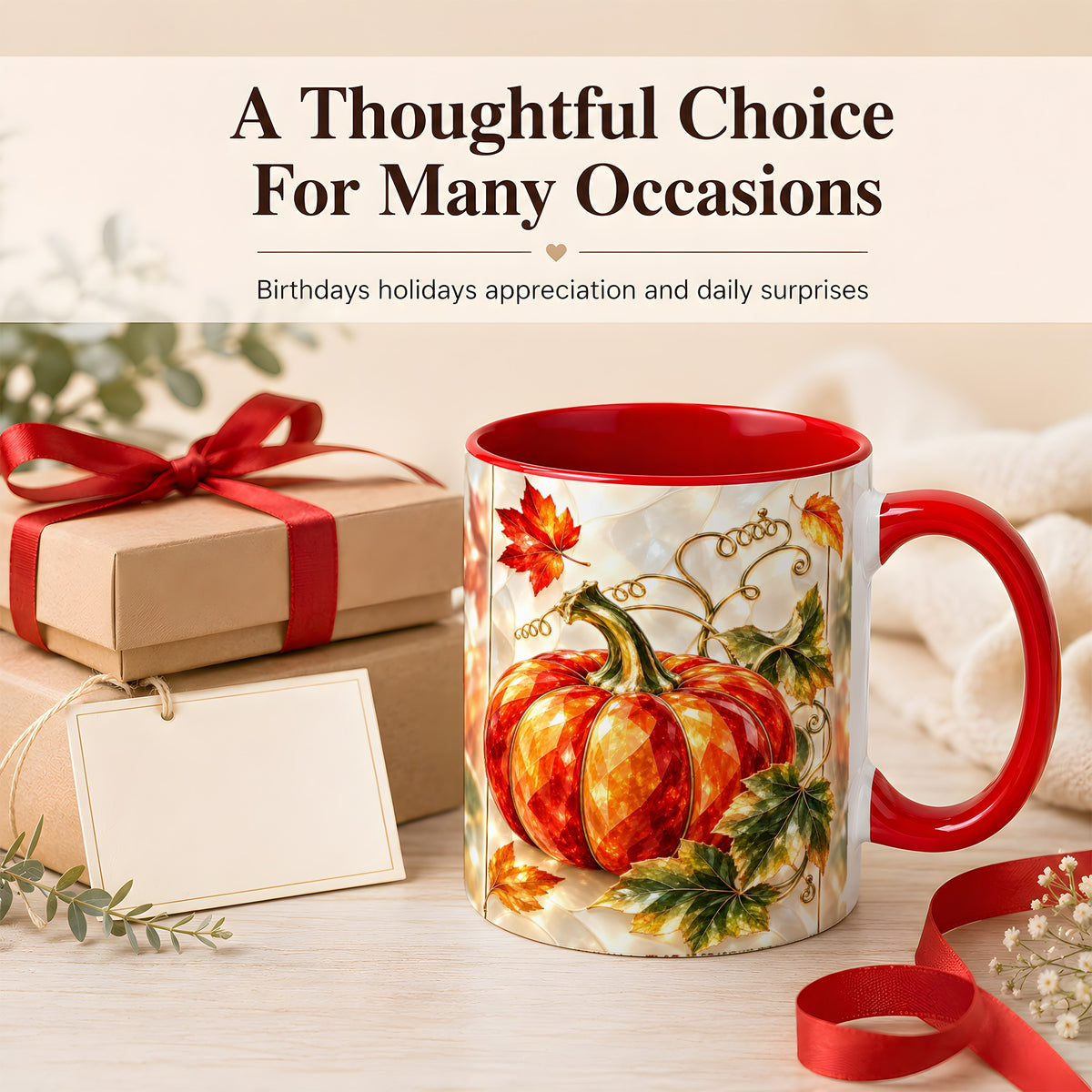 #pl[11oz|Red] Stained Glass Pumpkin Coffee Mug, Autumn Harvest Mug, Ceramic Cup