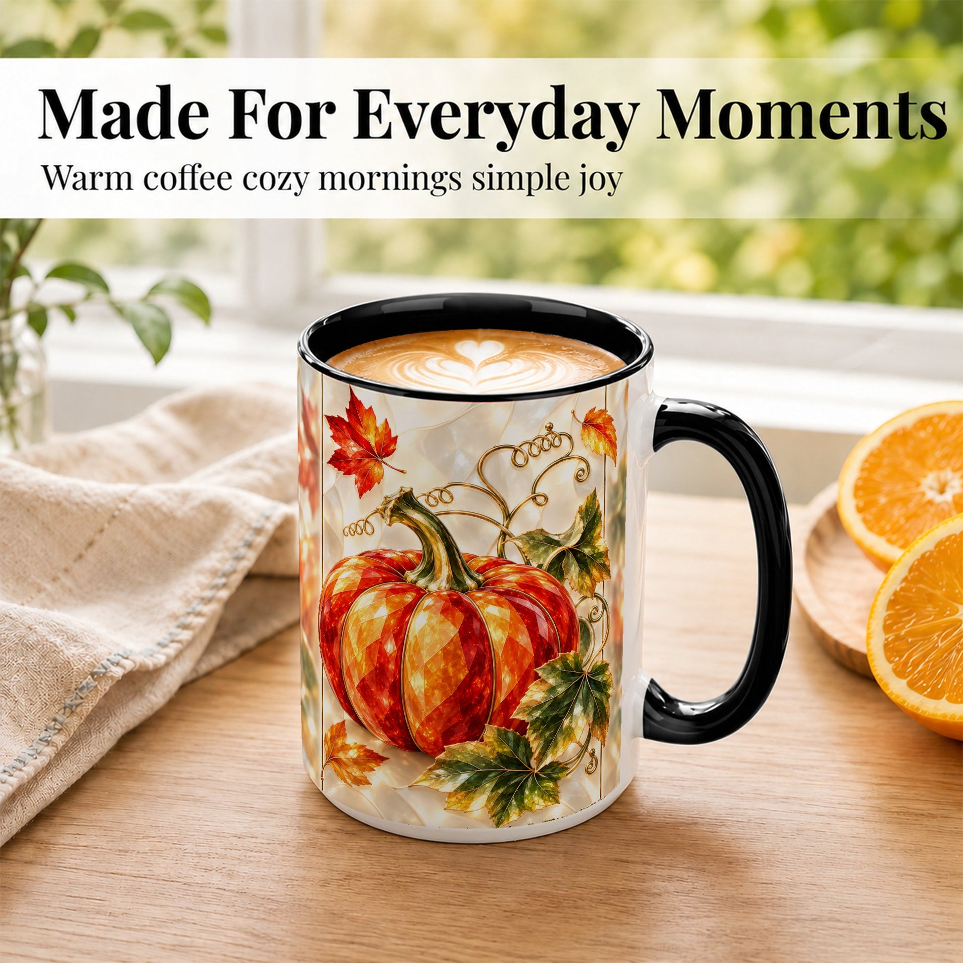 #pl[15oz|Black] Stained Glass Pumpkin Coffee Mug, Autumn Harvest Mug, Ceramic Cup