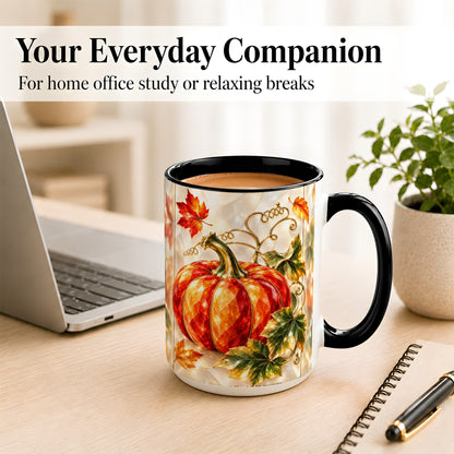 #pl[15oz|Black] Stained Glass Pumpkin Coffee Mug, Autumn Harvest Mug, Ceramic Cup