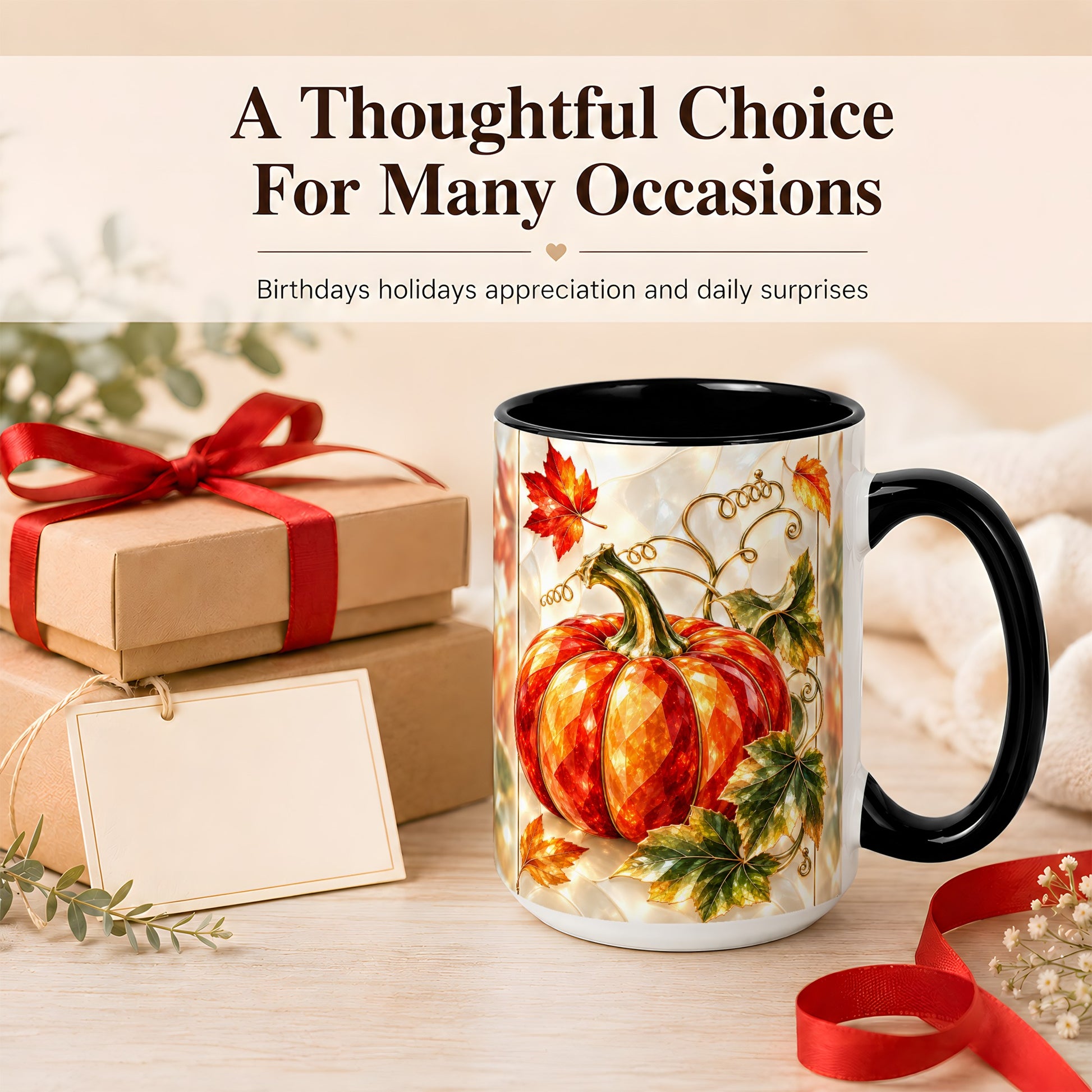 #pl[15oz|Black] Stained Glass Pumpkin Coffee Mug, Autumn Harvest Mug, Ceramic Cup