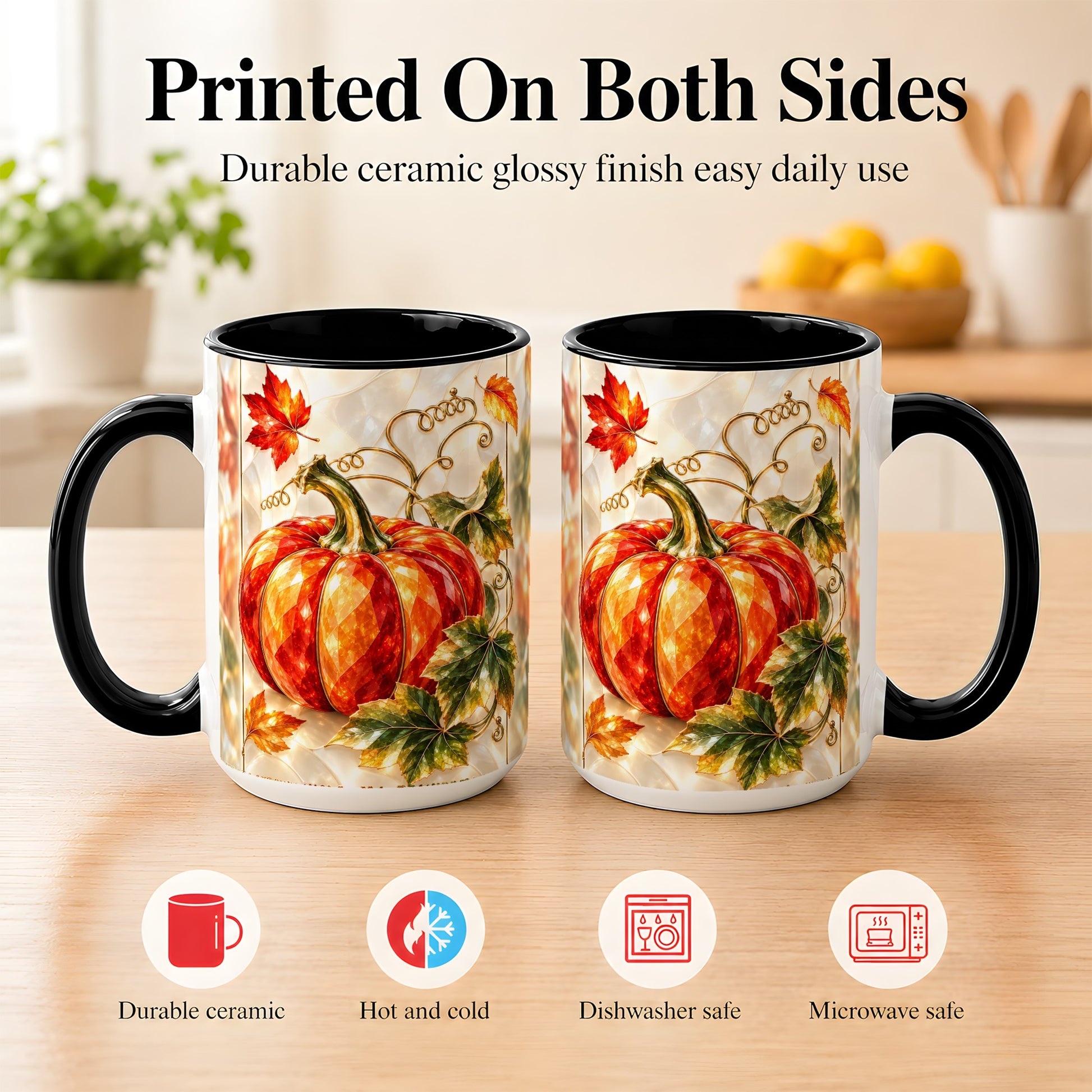 #pl[15oz|Black] Stained Glass Pumpkin Coffee Mug, Autumn Harvest Mug, Ceramic Cup