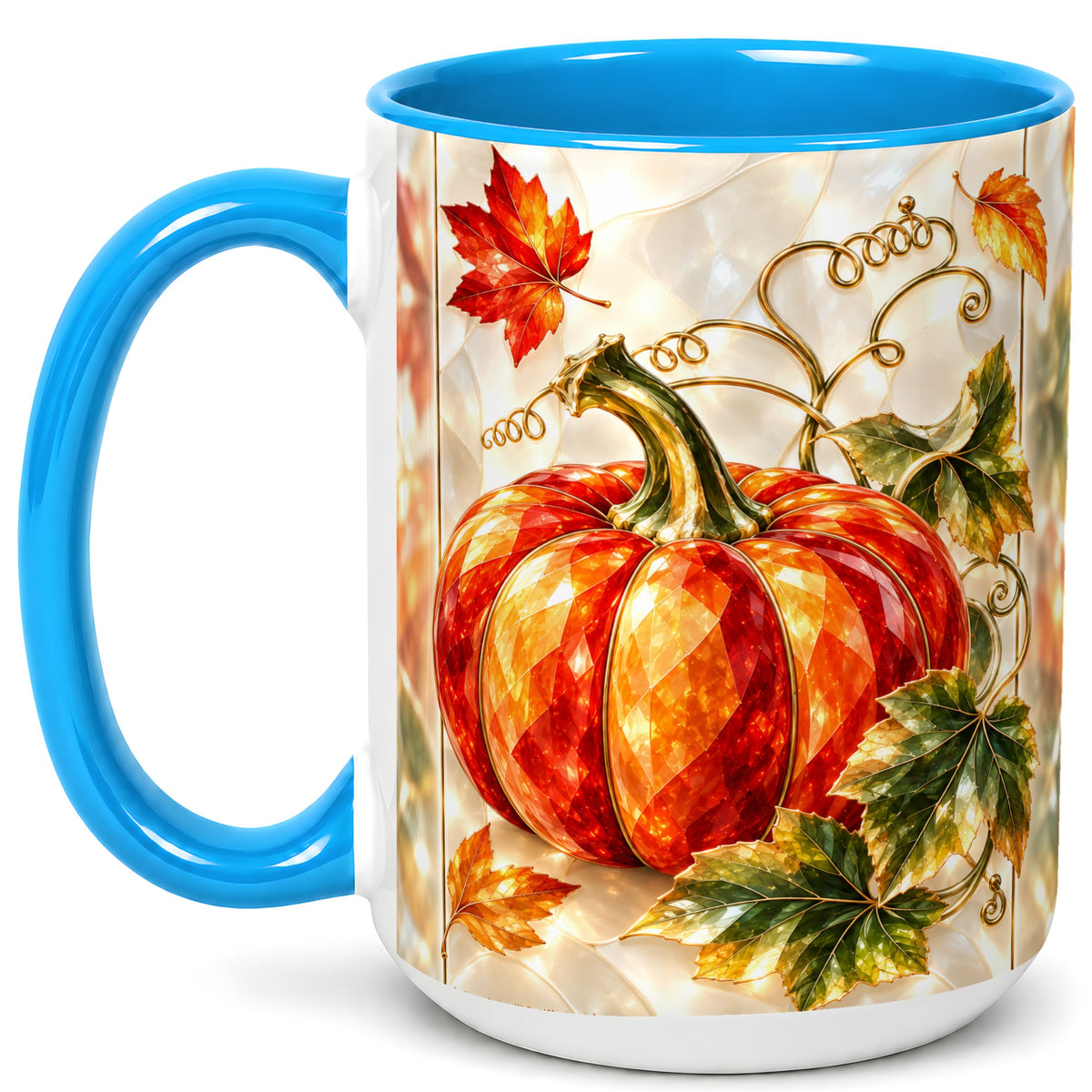 #pl[15oz|Blue] Stained Glass Pumpkin Coffee Mug, Autumn Harvest Mug, Ceramic Cup