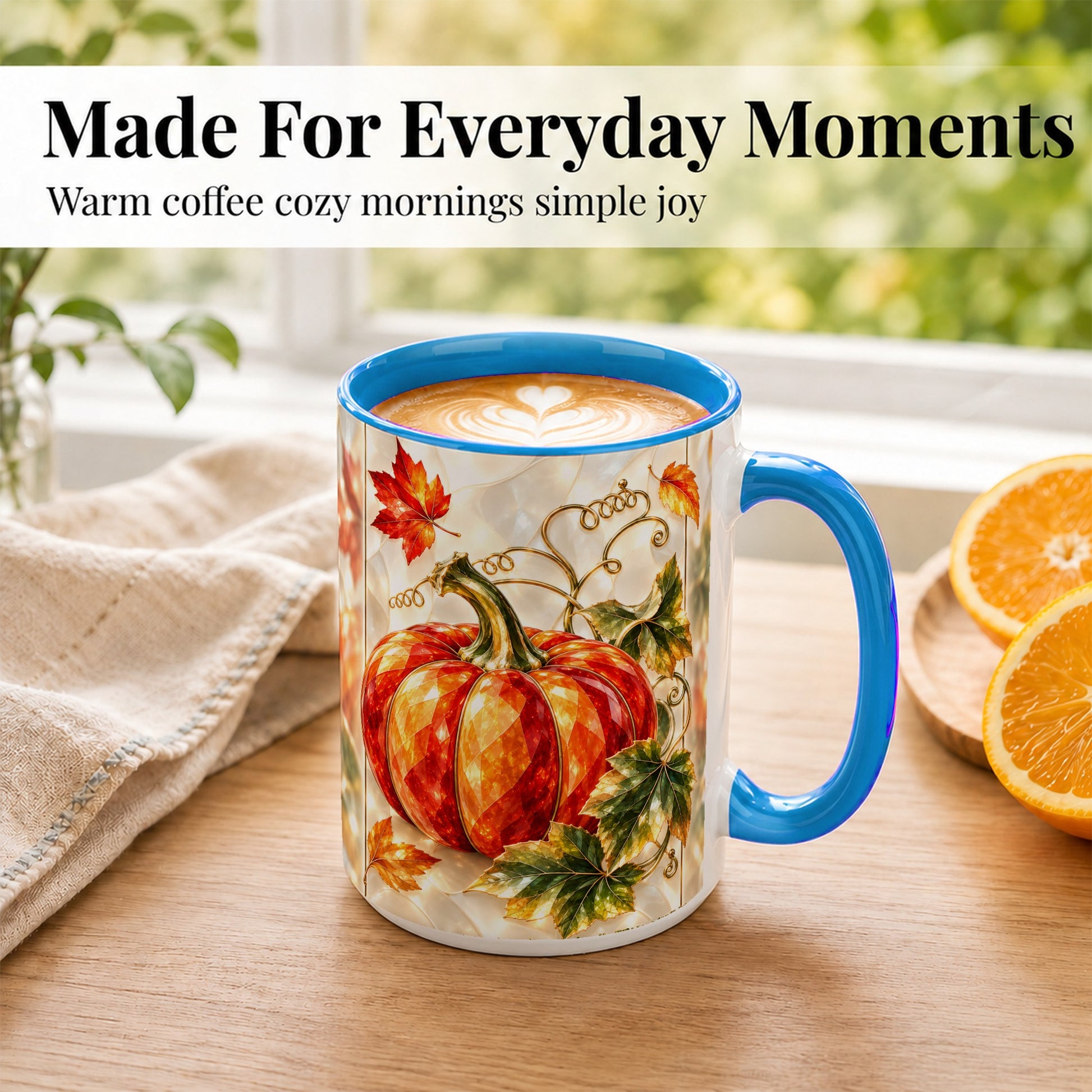 #pl[15oz|Blue] Stained Glass Pumpkin Coffee Mug, Autumn Harvest Mug, Ceramic Cup