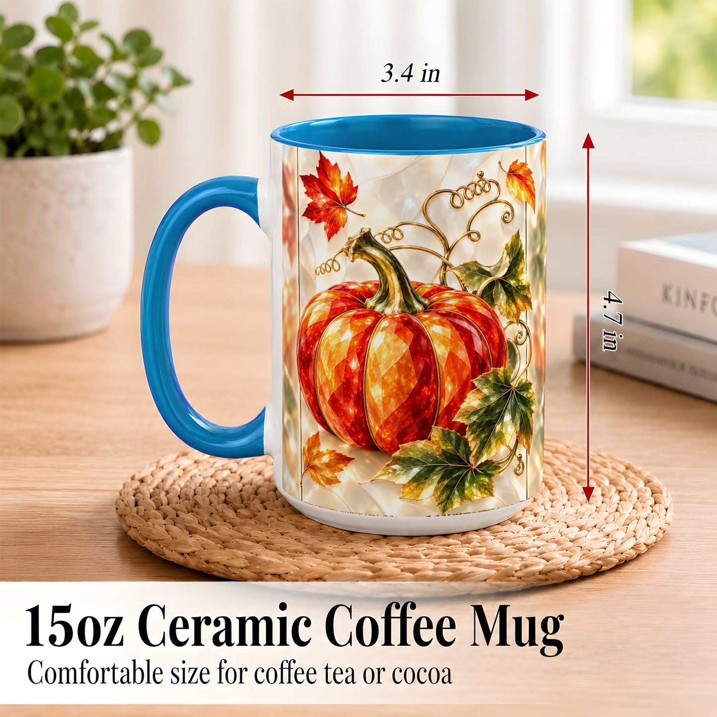 #pl[15oz|Blue] Stained Glass Pumpkin Coffee Mug, Autumn Harvest Mug, Ceramic Cup