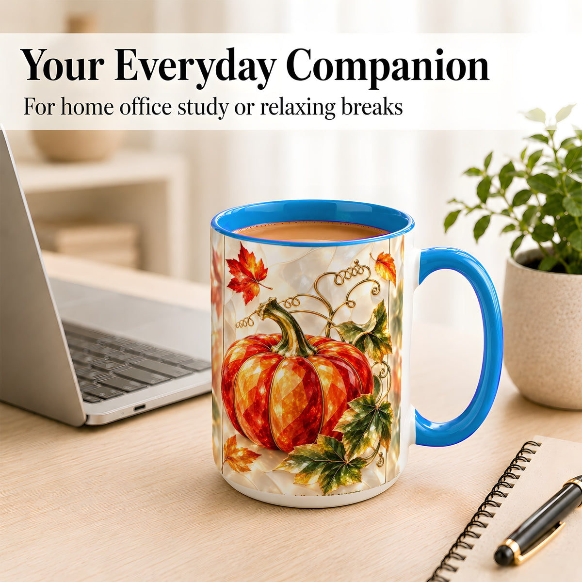 #pl[15oz|Blue] Stained Glass Pumpkin Coffee Mug, Autumn Harvest Mug, Ceramic Cup