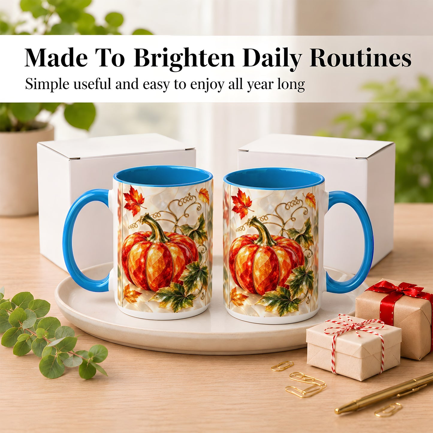 #pl[15oz|Blue] Stained Glass Pumpkin Coffee Mug, Autumn Harvest Mug, Ceramic Cup