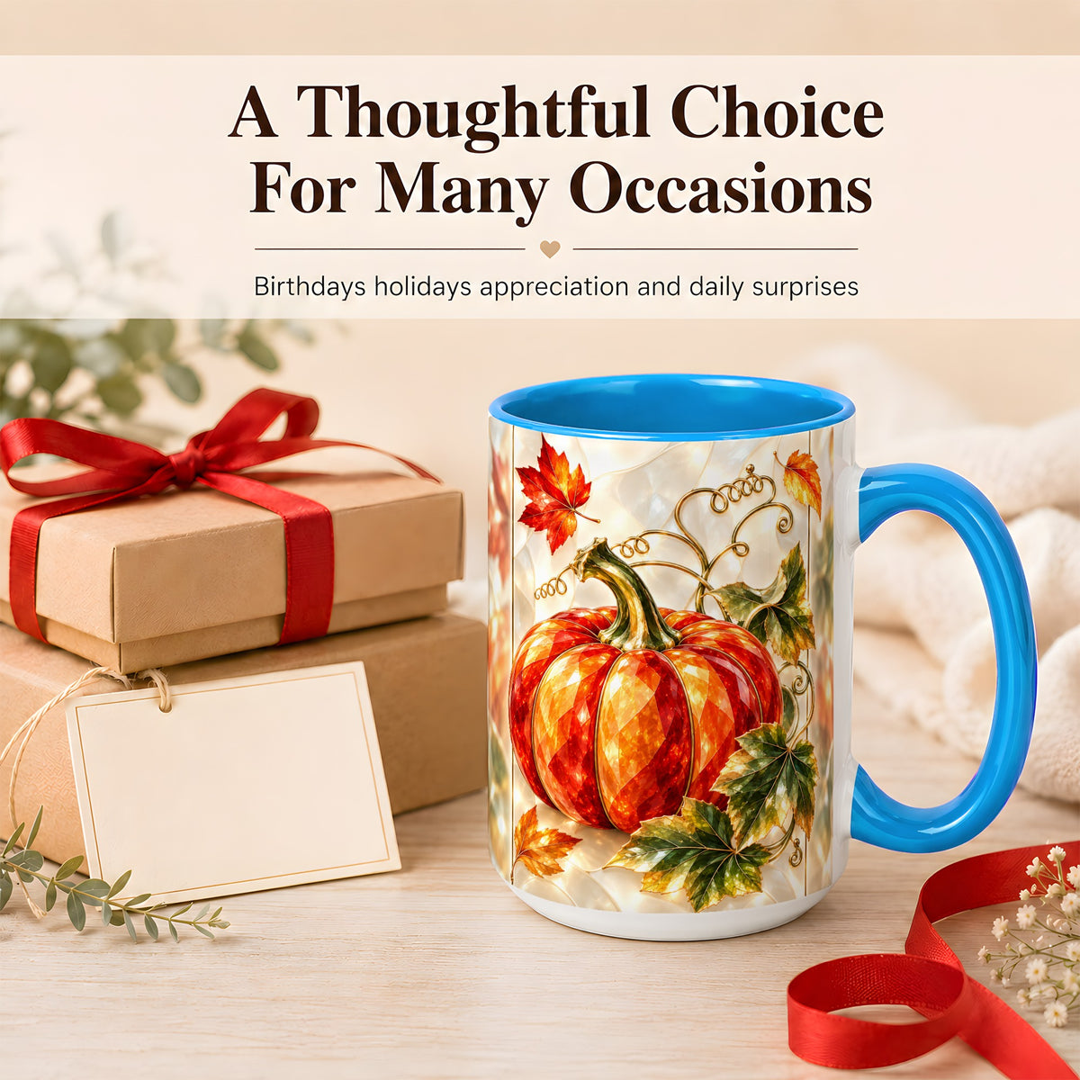 #pl[15oz|Blue] Stained Glass Pumpkin Coffee Mug, Autumn Harvest Mug, Ceramic Cup