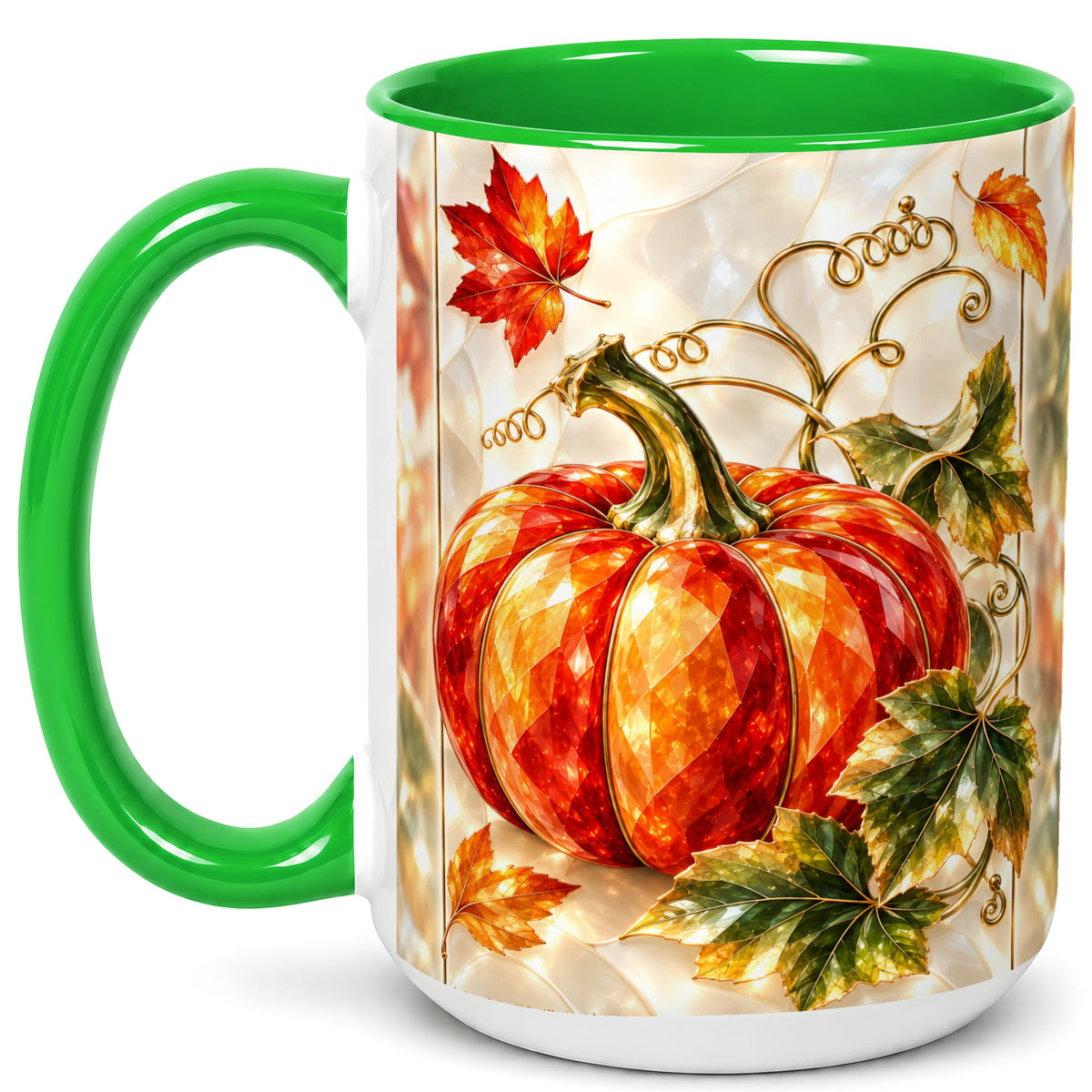#pl[15oz|Green] Stained Glass Pumpkin Coffee Mug, Autumn Harvest Mug, Ceramic Cup