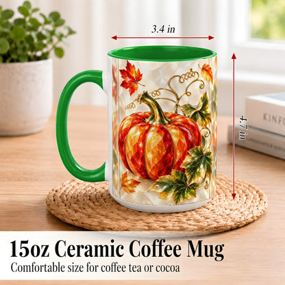 #pl[15oz|Green] Stained Glass Pumpkin Coffee Mug, Autumn Harvest Mug, Ceramic Cup