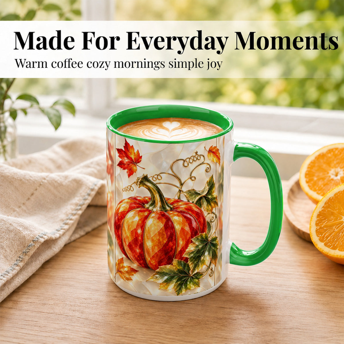 #pl[15oz|Green] Stained Glass Pumpkin Coffee Mug, Autumn Harvest Mug, Ceramic Cup
