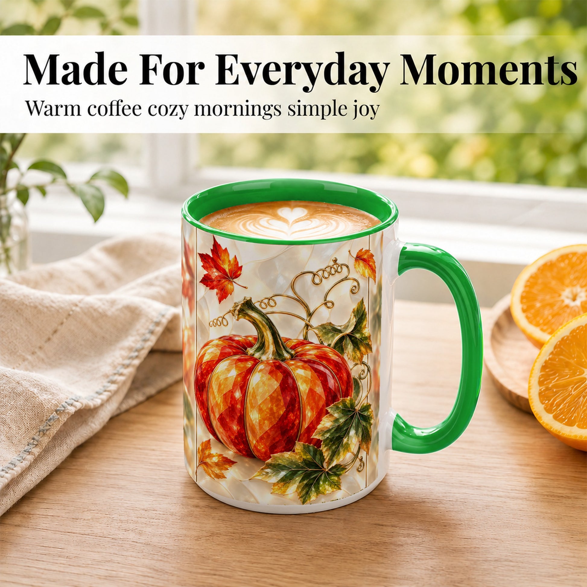 #pl[15oz|Green] Stained Glass Pumpkin Coffee Mug, Autumn Harvest Mug, Ceramic Cup