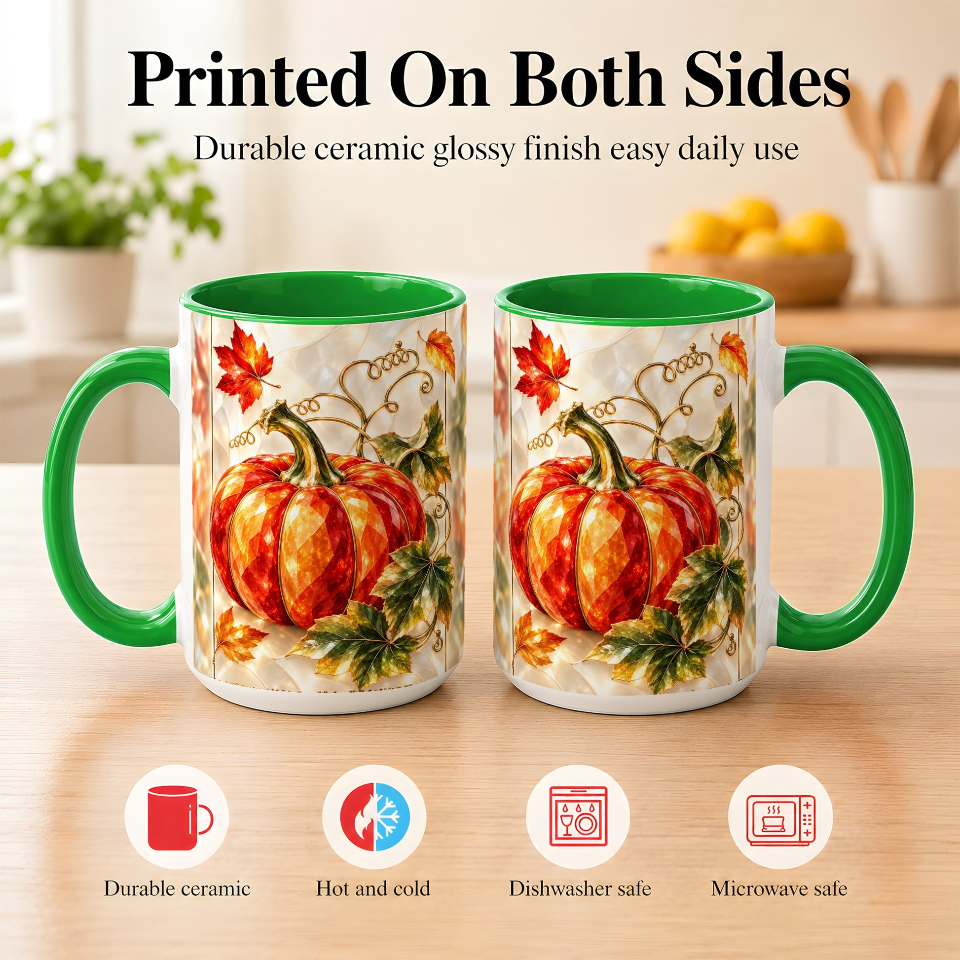 #pl[15oz|Green] Stained Glass Pumpkin Coffee Mug, Autumn Harvest Mug, Ceramic Cup