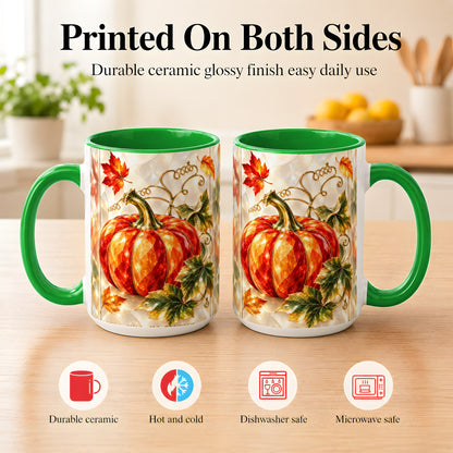 #pl[15oz|Green] Stained Glass Pumpkin Coffee Mug, Autumn Harvest Mug, Ceramic Cup