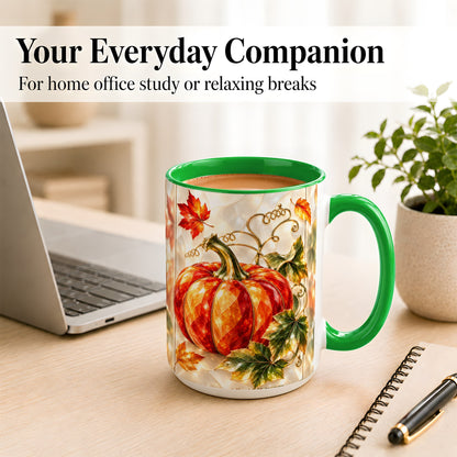 #pl[15oz|Green] Stained Glass Pumpkin Coffee Mug, Autumn Harvest Mug, Ceramic Cup