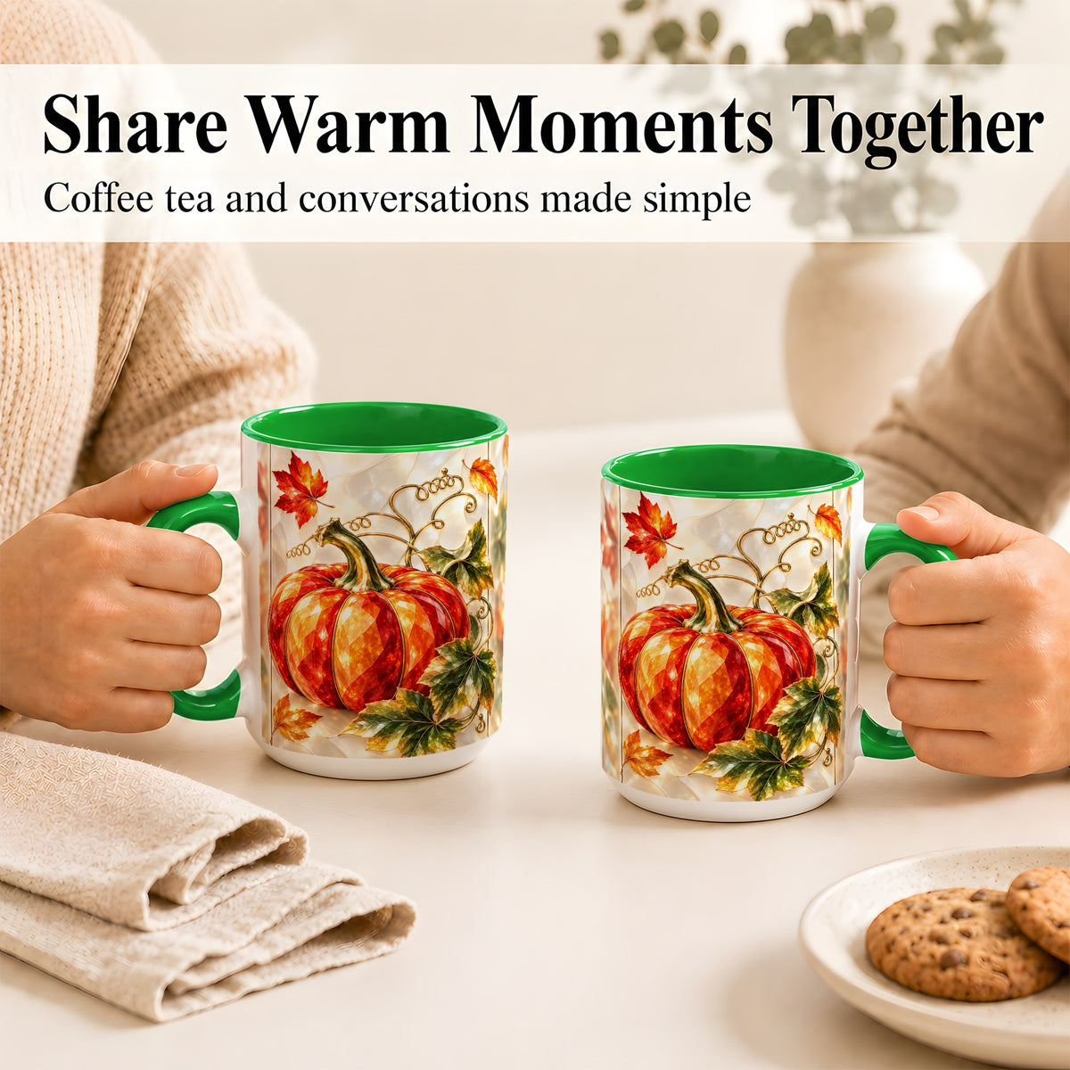 #pl[15oz|Green] Stained Glass Pumpkin Coffee Mug, Autumn Harvest Mug, Ceramic Cup