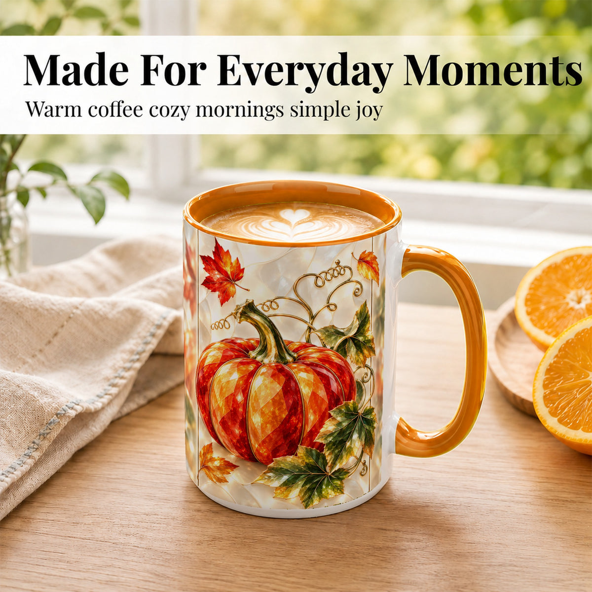 #pl[15oz|Orange] Stained Glass Pumpkin Coffee Mug, Autumn Harvest Mug, Ceramic Cup