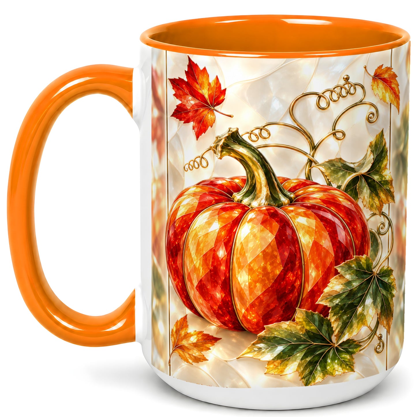 #pl[15oz|Orange] Stained Glass Pumpkin Coffee Mug, Autumn Harvest Mug, Ceramic Cup