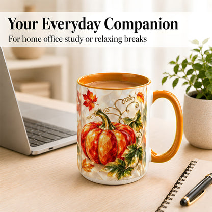 #pl[15oz|Orange] Stained Glass Pumpkin Coffee Mug, Autumn Harvest Mug, Ceramic Cup