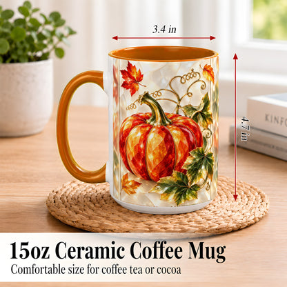 #pl[15oz|Orange] Stained Glass Pumpkin Coffee Mug, Autumn Harvest Mug, Ceramic Cup