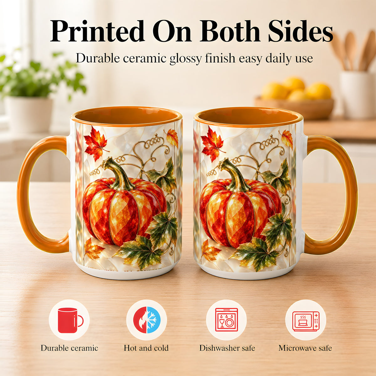 #pl[15oz|Orange] Stained Glass Pumpkin Coffee Mug, Autumn Harvest Mug, Ceramic Cup