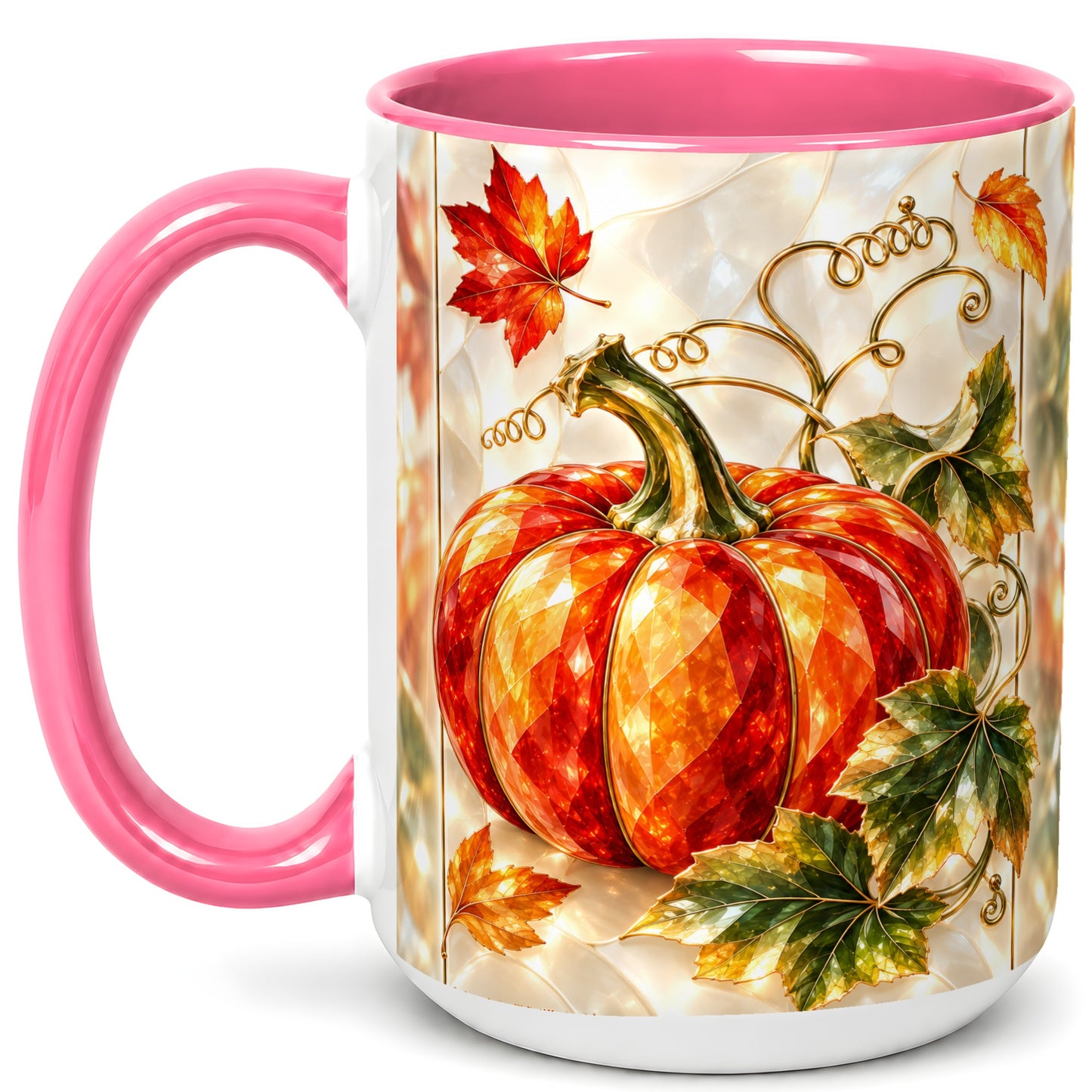 #pl[15oz|Pink] Stained Glass Pumpkin Coffee Mug, Autumn Harvest Mug, Ceramic Cup