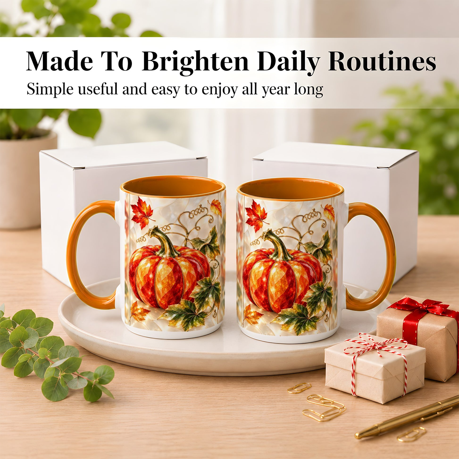 #pl[15oz|Orange] Stained Glass Pumpkin Coffee Mug, Autumn Harvest Mug, Ceramic Cup