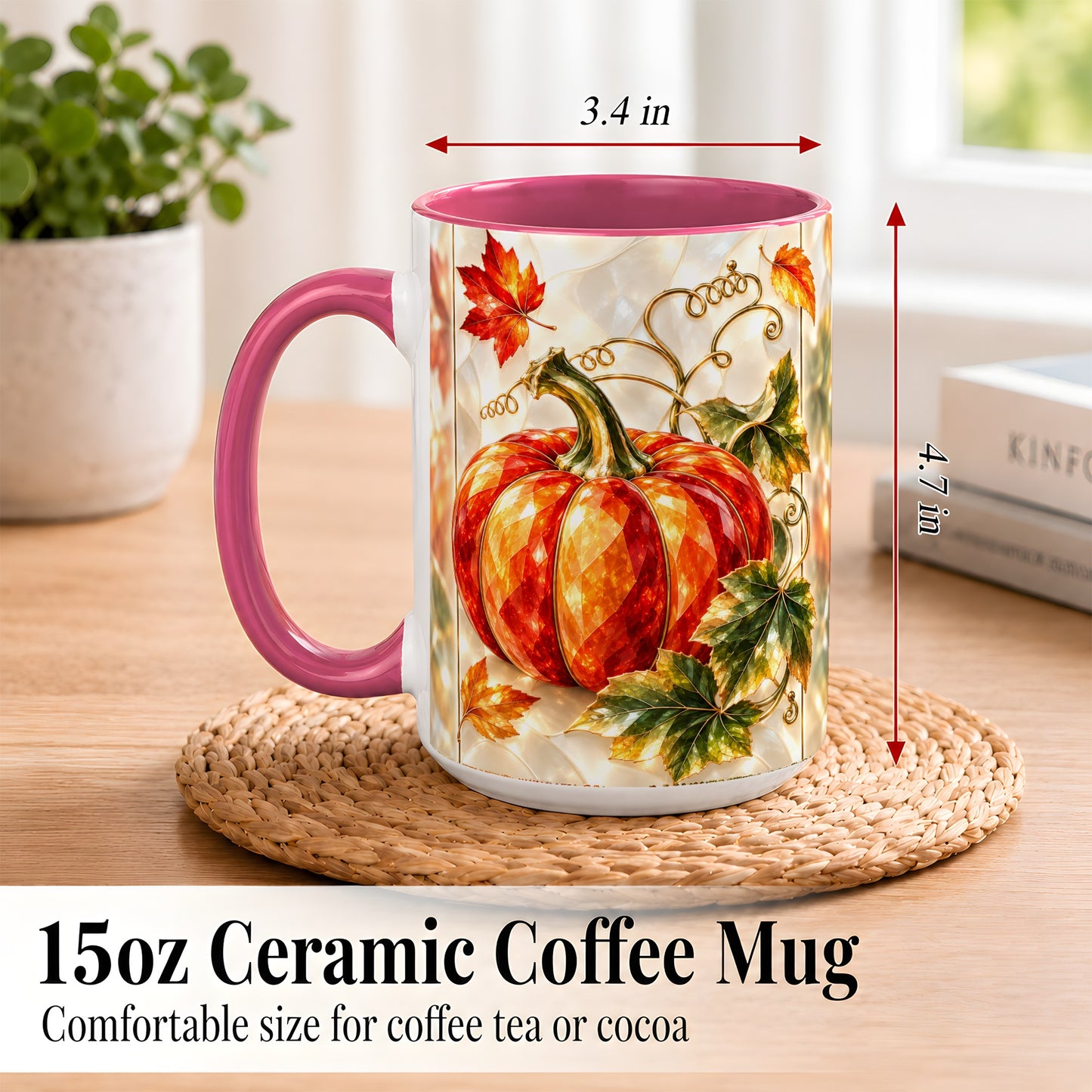 #pl[15oz|Pink] Stained Glass Pumpkin Coffee Mug, Autumn Harvest Mug, Ceramic Cup