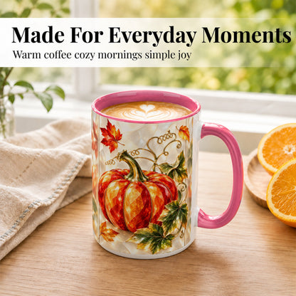#pl[15oz|Pink] Stained Glass Pumpkin Coffee Mug, Autumn Harvest Mug, Ceramic Cup